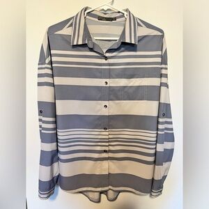 PrAna Women's Striped Agnes Blue White Button Down Shirt Roll Tab Sleeves Size S